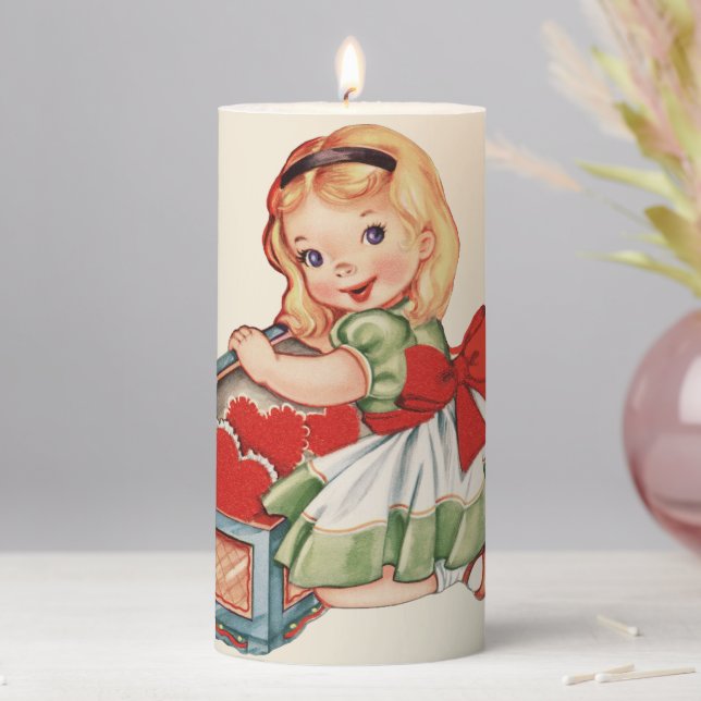 Heart Girl Child Retro Cute Children Pillar Candle (In Situ)