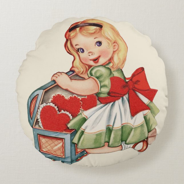 Heart Girl Child Retro Cute Children Round Pillow (Front)