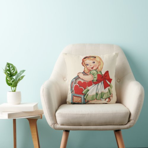 Heart Girl Child Retro Cute Children Throw Pillow