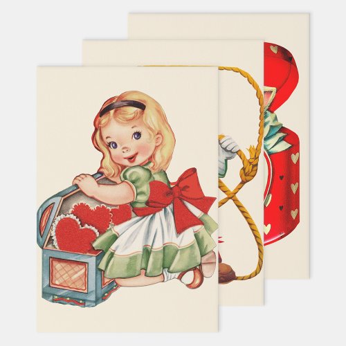 Heart Girl Child Retro Cute Children Wrapping Paper Sheets