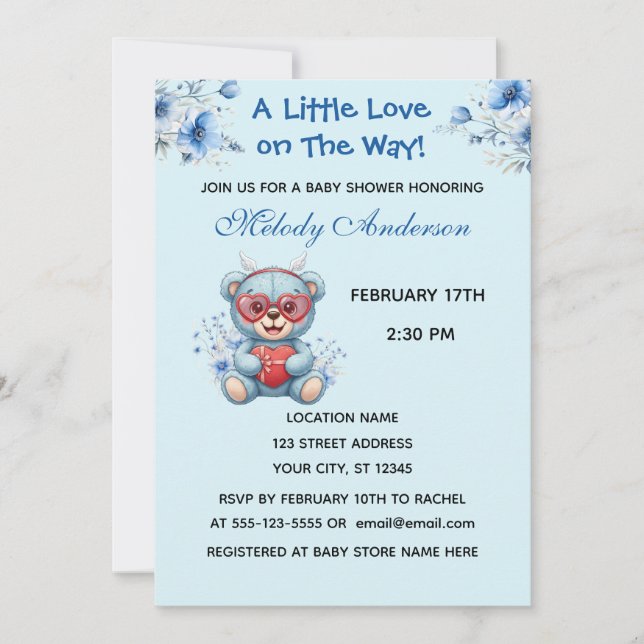 Heart Glasses Teddy Bear Blue Baby Shower Invite (Front)