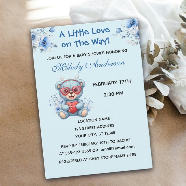Heart Glasses Teddy Bear Blue Baby Shower Invite (Creator Uploaded)