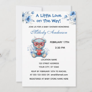Heart Glasses Teddy Bear Blue Baby Shower Invite