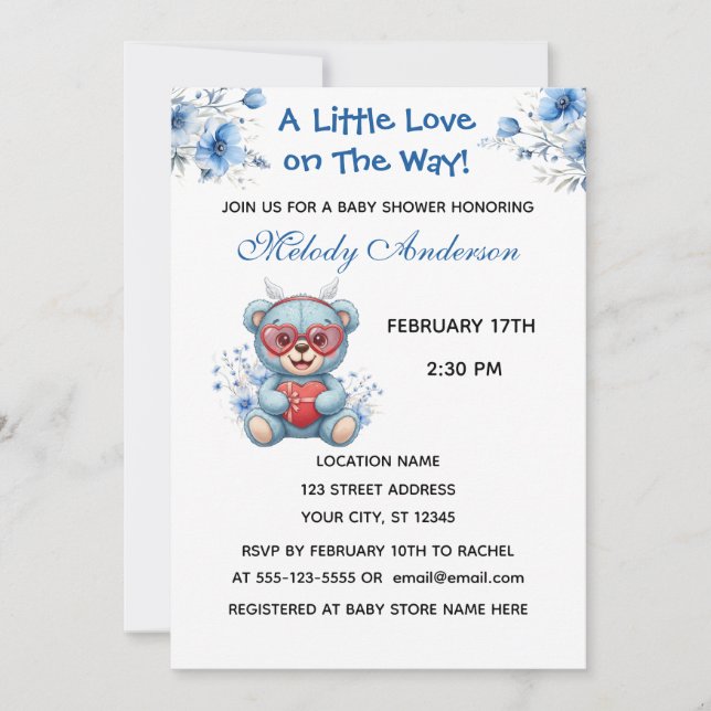 Heart Glasses Teddy Bear Blue Baby Shower Invite (Front)