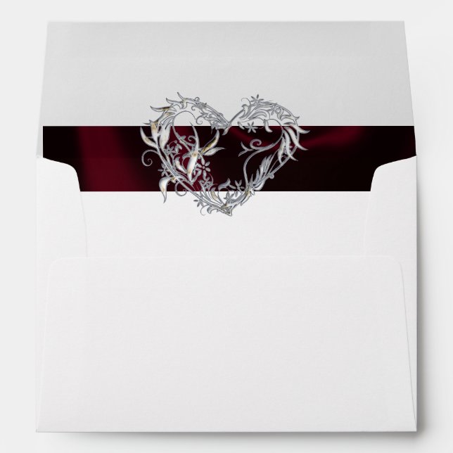 Heart, Glitter & Burgundy Ribbon Wedding Envelope (Back (Bottom))