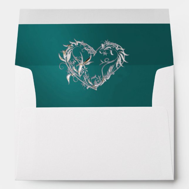 Heart & Glitter on Teal with Monogram Wedding Envelope (Back (Bottom))