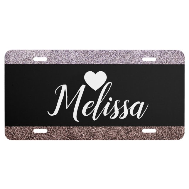 Heart Glitter Pink Clean Script Name  License Plate (Front)