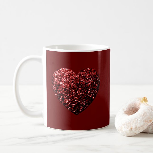 Heart glitter sparkles dark red Valentines Coffee Mug (With Donut)