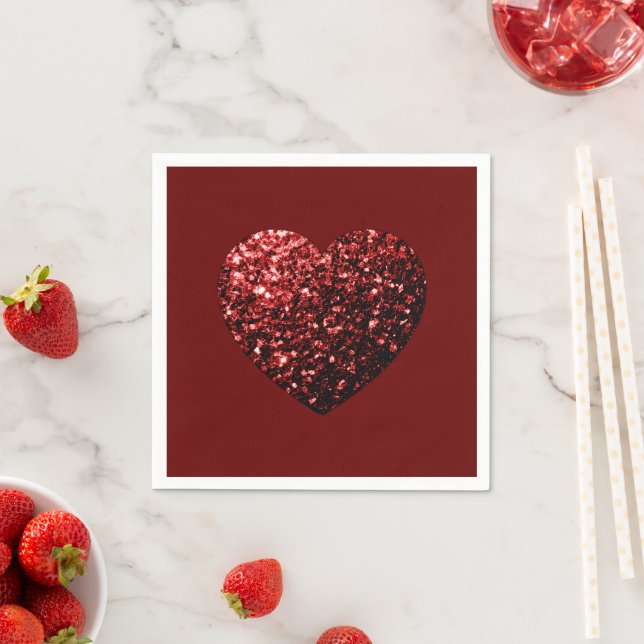 Heart glitter sparkles dark red Valentines Napkins (Insitu)