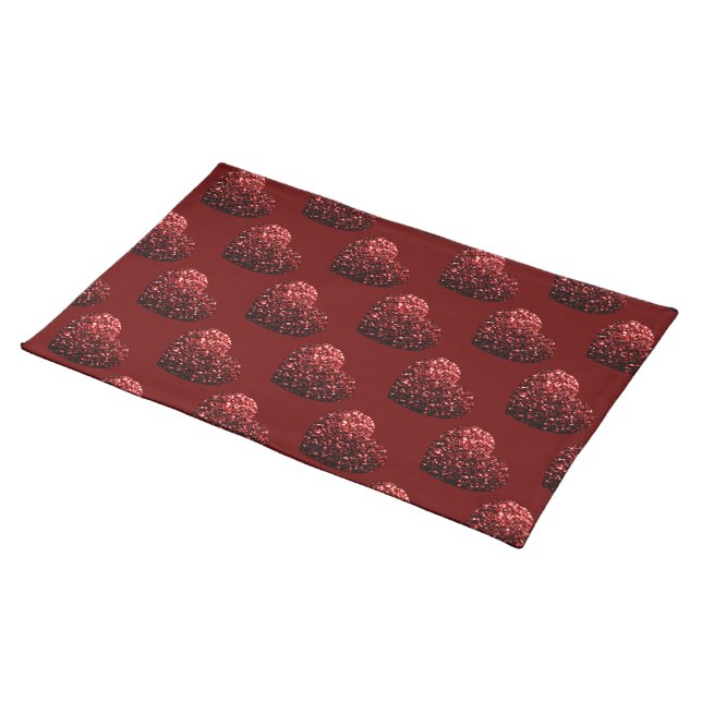 Heart glitter sparkles pattern dark red Valentines Cloth Placemat (On Table)