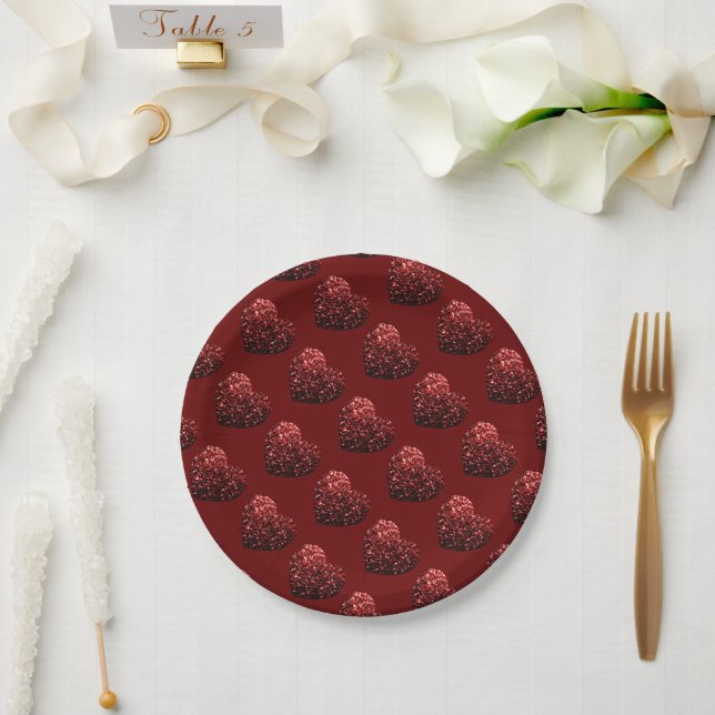 Heart glitter sparkles pattern dark red Valentines Paper Plates (Wedding)