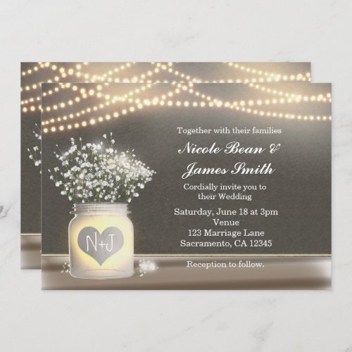 Heart Glowing Mason Jar  Babys Breath Invitation