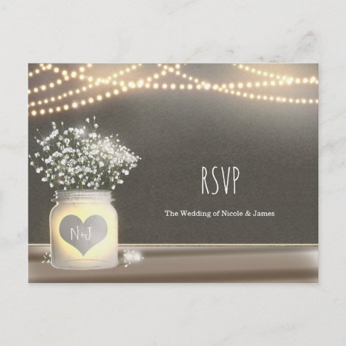 Heart Glowing Mason Jar  Babys Breath RSVP Invitation Postcard