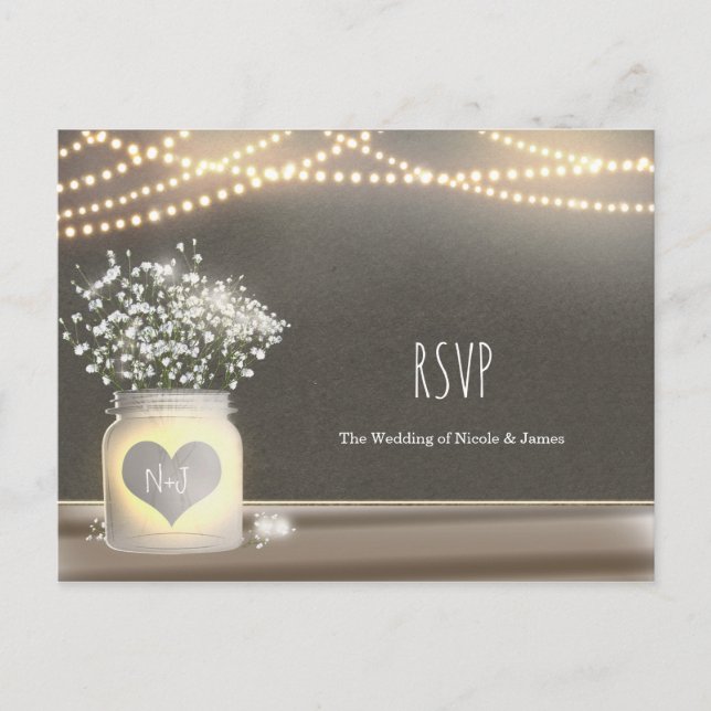 Heart Glowing Mason Jar & Baby's Breath RSVP Invitation Postcard (Front)