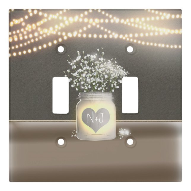 Heart Glowing Mason Jar & Baby's Breath Rustic Light Switch Cover (Front)
