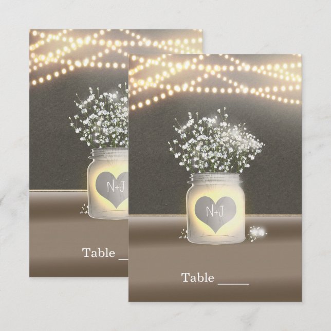Heart Glowing Mason Jar & Baby's Breath Table Invitation (Front/Back)