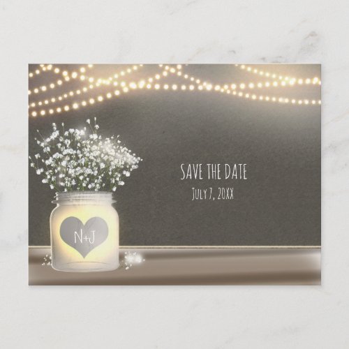 Heart Glowing Mason Jar  Babys Breath Wedding Announcement Postcard