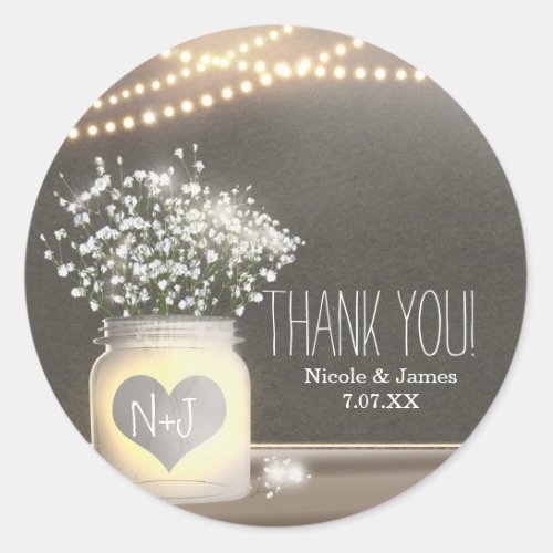 Heart Glowing Mason Jar  Babys Breath Wedding Classic Round Sticker