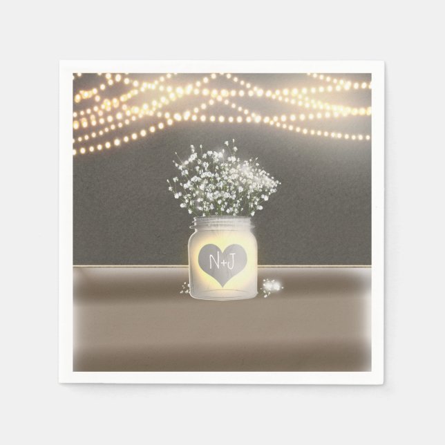 Heart Glowing Mason Jar & Baby's Breath Wedding Napkins (Front)