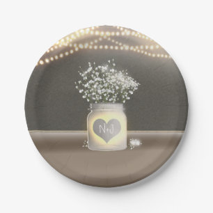 Heart Glowing Mason Jar & Baby's Breath Wedding Paper Plates