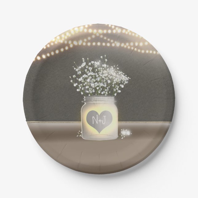 Heart Glowing Mason Jar & Baby's Breath Wedding Paper Plates (Front)