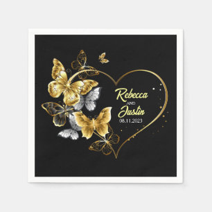 Heart Gold Butterflies Black Modern Boho Napkins