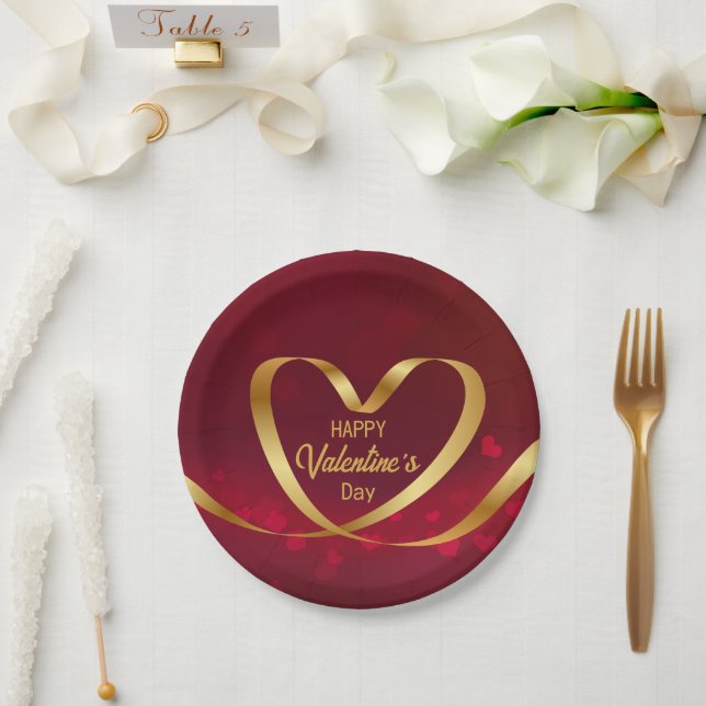 Heart Gold Ribbon Happy Valentine's Day Red Paper Plates (Wedding)