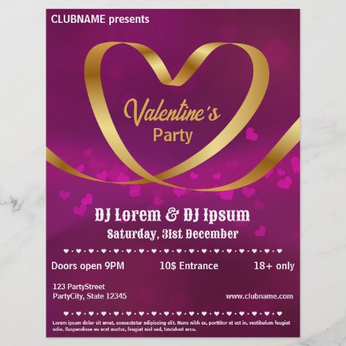 Heart Gold Ribbon Purple Valentines Party Flyer