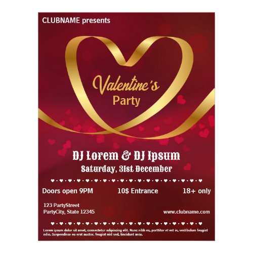 Heart Gold Ribbon Red Valentines Party Flyer