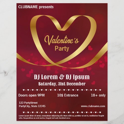 Heart Gold Ribbon Red Valentines Party Flyer