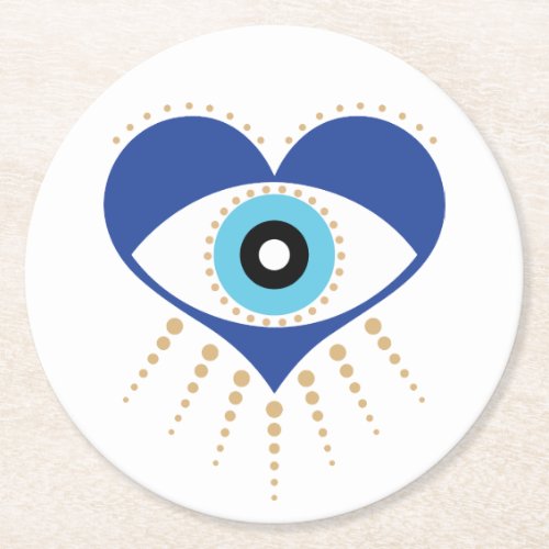 Heart Greek Evil Eye Round Paper Coaster