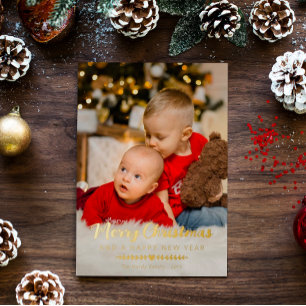 Heart Greenery Photo Merry Christmas Gold Foil Holiday Card