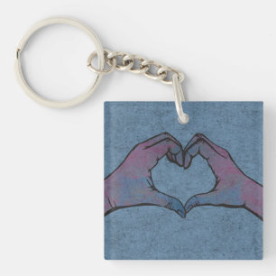 Heart Hands on Blue Background Keychain