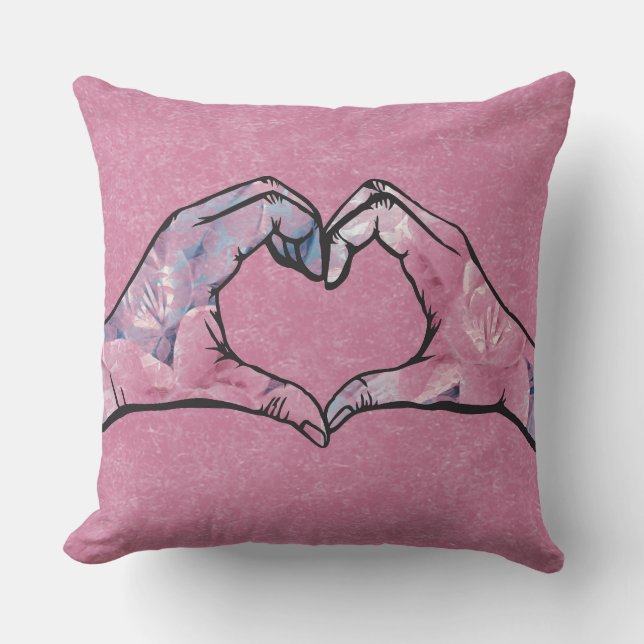 Heart Hands on Pink Background Throw Pillow (Front)