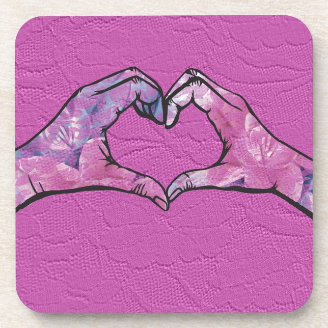Heart Hands on Pink Lace Background Beverage Coaster (Front)
