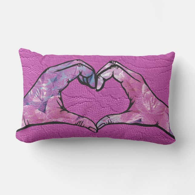 Heart Hands on Pink Lace Background Lumbar Pillow (Front)