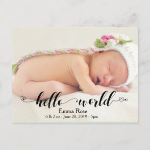 Heart Handwritten Hello World Birth Announcement Postcard
