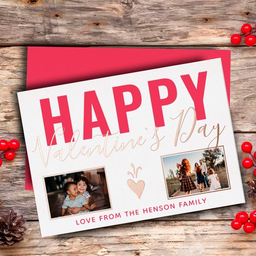 Heart Happy Valentines Day Script 2 Photo Collage Foil Holiday Card