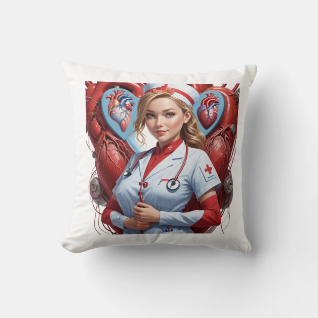 Heart & Healing – Nurse with Anatomical Heart  Throw Pillow (Front)