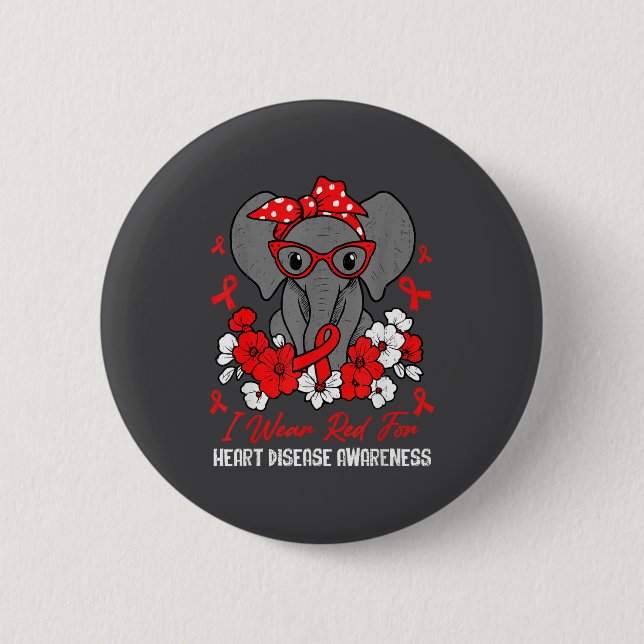 Heart Health Elephant Red Ribbon Heart Disease Awa Button (Front)