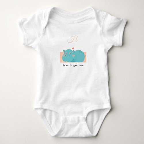 Heart Hippo  Add Your Name Cute Alphabet Monogram Baby Bodysuit