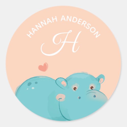 Heart Hippo Alphabet Monogram Cute School Daycare Classic Round Sticker