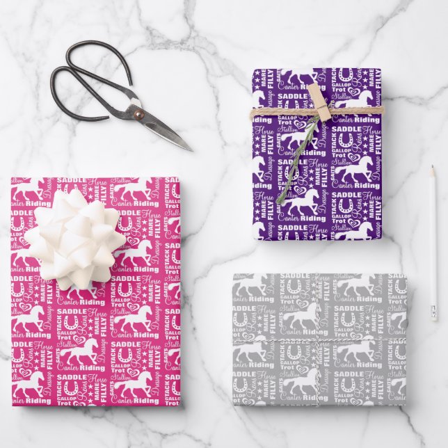 Heart Horse Riding Theme Cute Girly Wrapping Paper Sheets (Front)