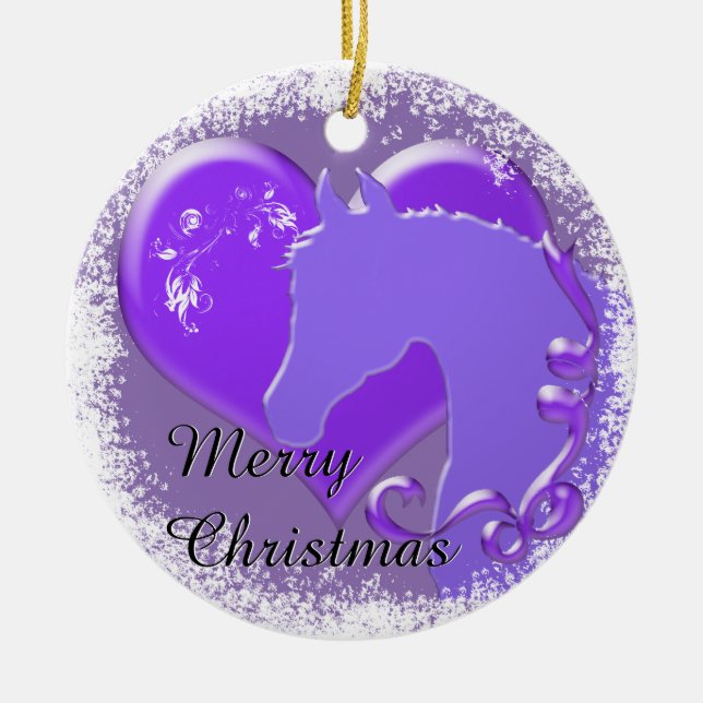 Heart Horses III Holiday (Purple Horse/Heart) Ceramic Ornament (Front)