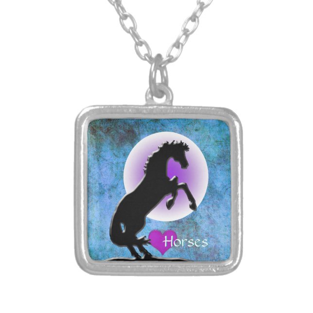Heart Horses V (blue/green) Silver Plated Necklace (Front)