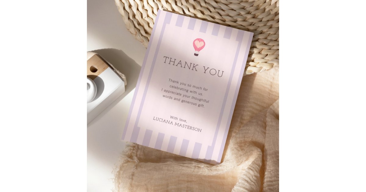 Heart Hot Air Balloon Pastel Purple Baby Shower Thank You Card | Zazzle