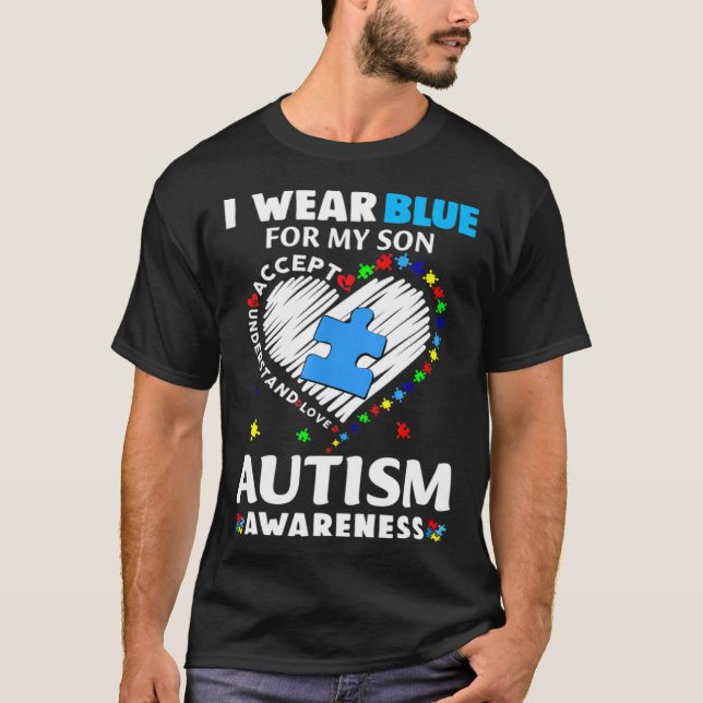 Heart I Wear Blue For My Son Puzzle Autism Awarene T-Shirt (Front)
