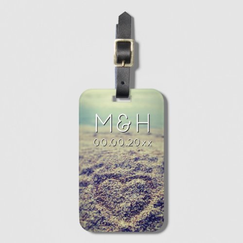 Heart in beach sand travel luggage tags for couple