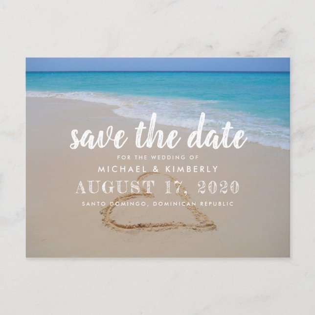 Heart in Beach Sand Wedding Save the Date Announcement Postcard (Front)