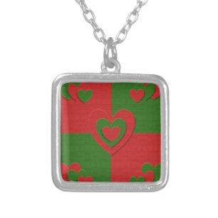 Heart in Christmas Colors Red Green Felting Look Silver Plated Necklace
